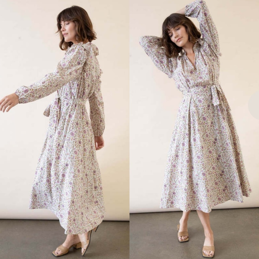 XIRENA isley dress in ivy vines cream pastel pink floral long sleeve ruffles XS - Picture 2 of 16